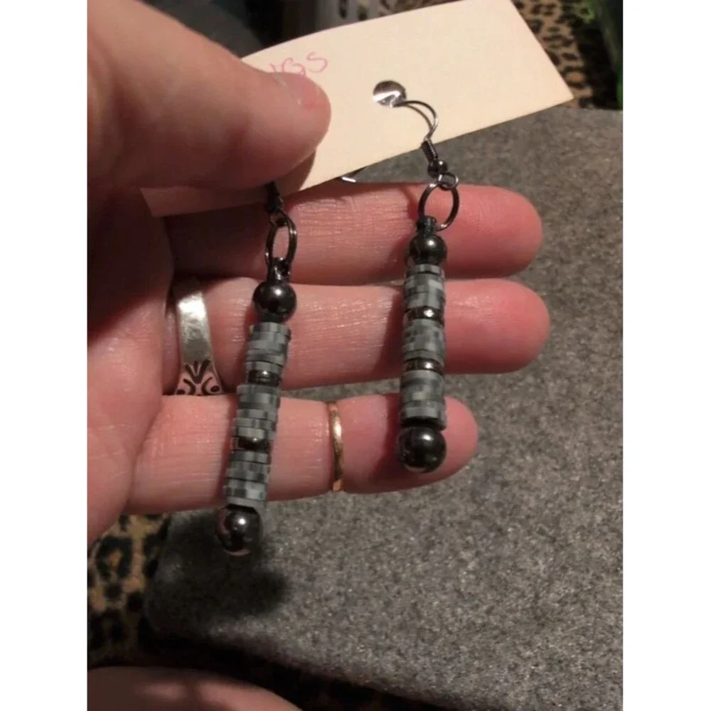 Pewter and black flat bead dangle earrings